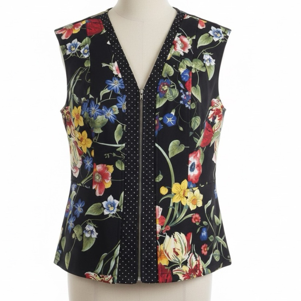 New York & Company Black Floral Zip-Up Vest by 7th Avenue Design Studio Size L
